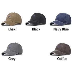 Washed vintage baseball caps with lavender embroidery in khaki, black, navy, grey and brown