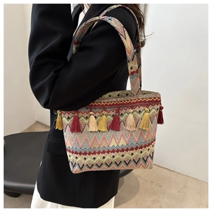 Detailed view of woven shoulder bag with colorful tassels and geometric patterns