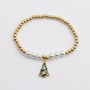 Bracelet de Noël doré avec perles blanches et pendentif arbre en émail vert pour femme