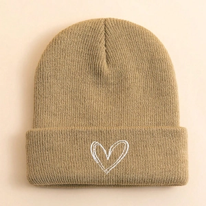 Khaki ribbed knit beanie with white embroidered heart detail in a stylish Korean style