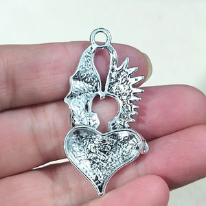 Gothic silver heart pendant with dragon wing and sword elements for DIY jewelry making