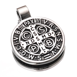 Silver and black Saint Benedict Medal pendant in stainless steel for Viking necklaces