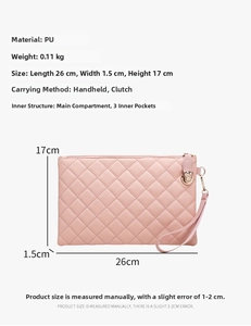 Detailed view of pink quilted PU clutch dimensions 26x1.5x17cm with size labels