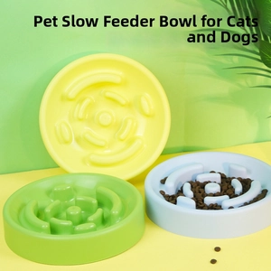 Three-piece slow feeder pet bowls in yellow, green, and blue for healthy eating habits