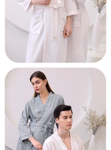 Close-up of lightweight waffle weave bathrobe showing soft texture and functional pockets