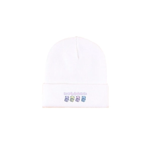White knitted beanie featuring four colorful cartoon bears and Japanese text print
