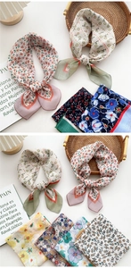 Floral print cotton linen small square scarves displayed with lifestyle props