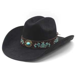 Chapeau fedora noir en daim classique avec ruban brodé et détail en turquoise