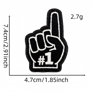 Macro detail of #1 finger gesture embroidery patch showing size 7.4cm x 4.7cm and texture