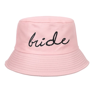 Pink cotton bucket hat featuring elegant black bride script embroidery for bridal parties