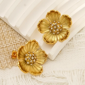 Flower Stud Earrings 304 Stainless Steel 18K Gold Plated Zircon Brushed Texture Vintage Luxury Hypoallergenic For Women