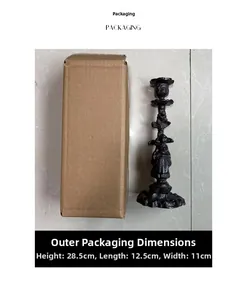 Detail view of vintage cast iron candle holder with relief figures and packaging dimensions