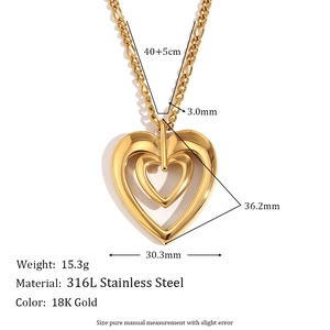 Detailed size specifications for the 18K gold double layer hollow heart necklace