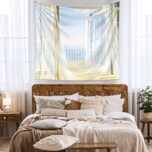 Detail of bohemian tapestry featuring a sunny sea view balcony scene with white windows