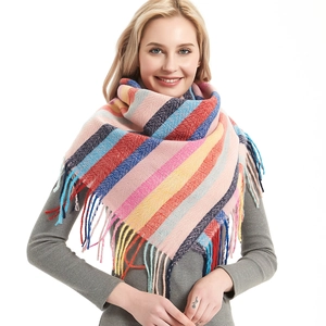 Warmer Winter Gebürsteter Gestreifter Karierter Quadratischer Schal Für Damen Weich Polyester Fransen Schal Tuch Großer Mode Schal