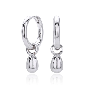 Polished S925 sterling silver water drop hoop earrings with 925 hallmark on white backdrop