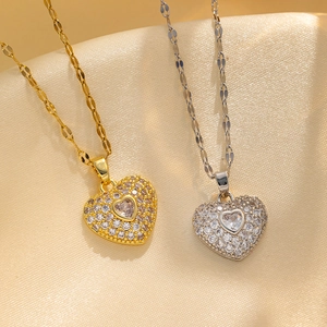 Heart Pendant Necklace Stainless Steel Pave Rhinestone Luxury Wedding Banquet Jewelry For Women
