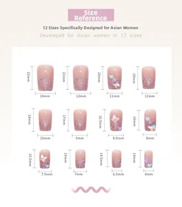 Detailed size chart for press-on nails in 12 sizes with measurements in millimeters