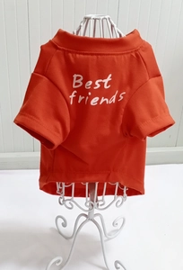 Detail of red pet T-shirt with white 'Best friends' print displayed on a white hanger