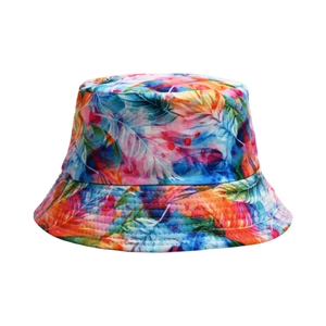 Detail of tie-dye bucket hat featuring vibrant feather and leaf abstract patterns