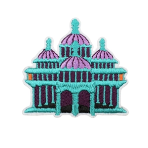 Byzantine style architectural embroidery patch with cyan and purple stitch details