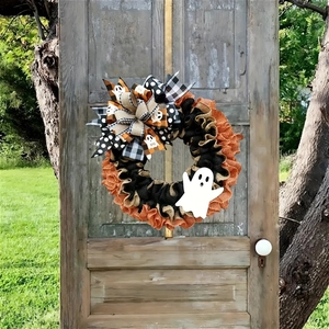 Halloween front door ghost wreath with orange black burlap and striped boo bow
