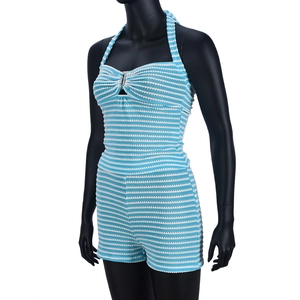 Detail of blue and white striped knit halter romper showing ribbed fabric texture