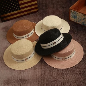 Chapeau Boater Paille Femme Bord Large Protection Solaire Été Plage Vacances Français Plat Élégant Ruban Lettre Métal