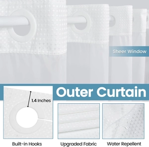 Waterproof white waffle weave shower curtain with built-in rings and breathable mesh window