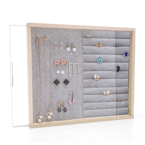 Solid Wood Jewelry Display Case Dustproof Acrylic Cover Wall Mounted Desktop Earring Ring Necklace Storage Box Velvet Lining