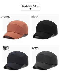 Detailed view of 5-panel camper caps in orange, black, navy blue, and gray colors