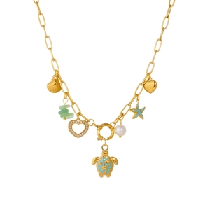 Gold ocean theme necklace with turtle, starfish and seashell enamel charms on white background