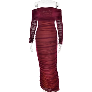 Detail of burgundy off-shoulder mesh midi dress with elegant ruched textures