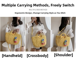 Straw bag featuring colorful tassels and three carrying options: hand, crossbody, and shoulder