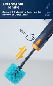 Adjustable long handle crevice brush with blue bristles for deep cup and bottle cleaning