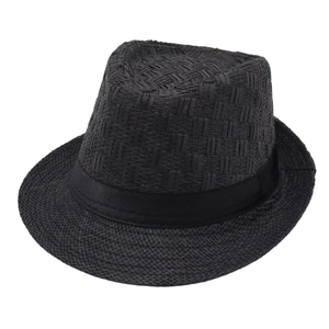 Classic black woven straw fedora sun hat with grosgrain ribbon band for summer travel