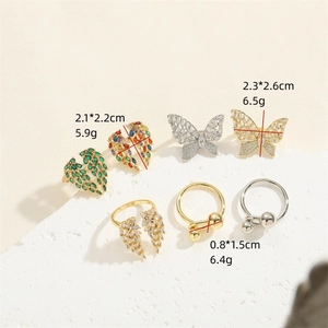 Bagues réglables papillon et cœur en zircon avec perles de cuivre dorées et argentées