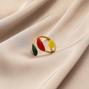 Minimalist gold-plated stainless steel open ring with colorful leaf-shaped enamel details