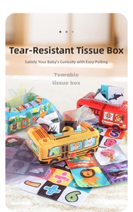 Detail of soft plush school bus tissue box with colorful sensory mesh scarves and cloth sheets