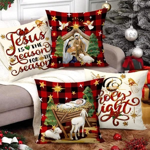 Set of 4 Christmas religious pillow covers with buffalo plaid and nativity scene on sofa