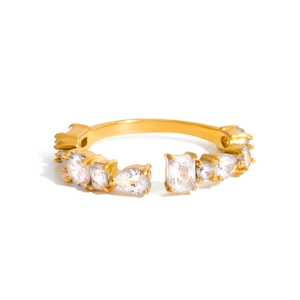 Adjustable 18K gold stainless steel ring with teardrop and round white zircons