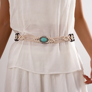 Bohemian woven waist belt with cream cotton cord, turquoise stones, and dark wooden beads
