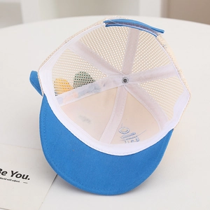 Detailed internal mesh structure and adjustable strap of blue toddler baseball cap