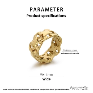 Detailed specs of 11mm wide golden X-shaped cutout stainless steel ring for men
