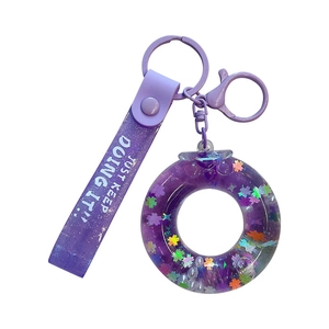 Purple liquid quicksand ring keychain with LOVE letters and colorful star sequins