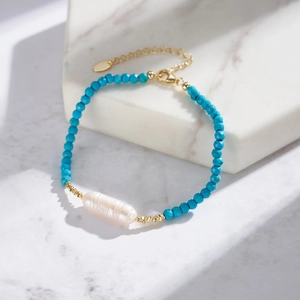 S925 sterling silver turquoise bead and baroque pearl bracelet with 14K gold clasp
