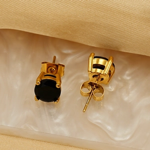 Classic 18k gold plated round stud earrings with black cubic zirconia and 4-prong setting