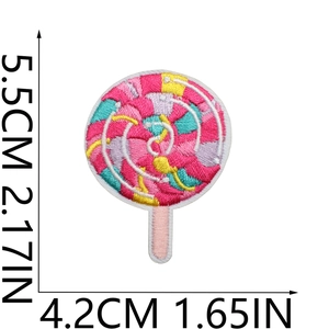 Lollipop embroidery patch for clothes and bags measuring 5.5cm by 4.2cm with dimensions