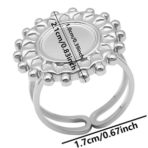 Macro shot of silver stainless steel adjustable ring base with a circular flower-edge tray