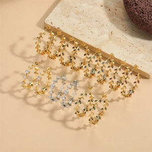 Fashion Copper Gold Plated Zirconia Leaf Hoop Earrings For Women Personalized Elegant Vine Plant Design Jewelry Earring Gift